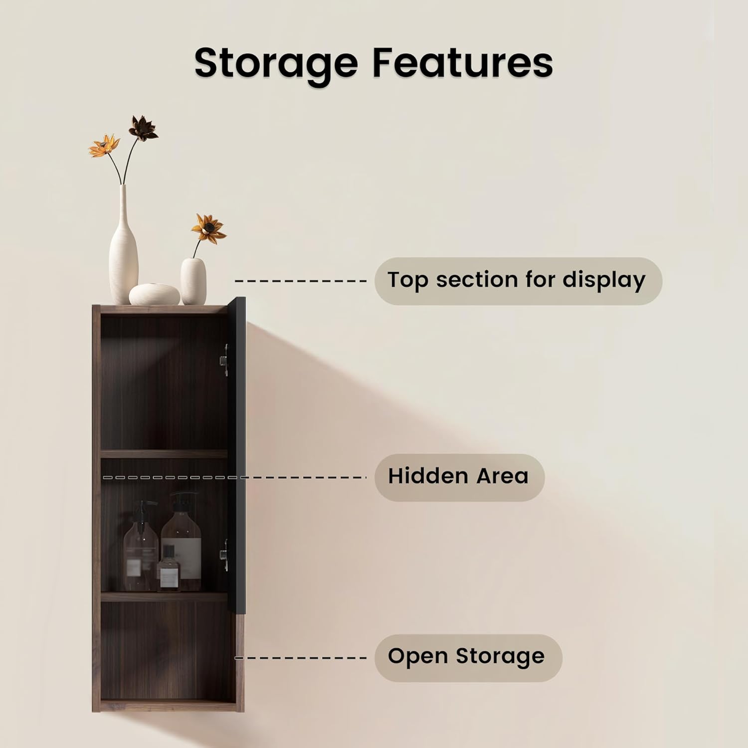 12" Floating Bathroom Storage Cabinet, Modern Wall Cabinets with Soft-Closing Door & Open Shelf, Bathroom Side Cabinet for Small Spaces, Apartment, Walnut+Black