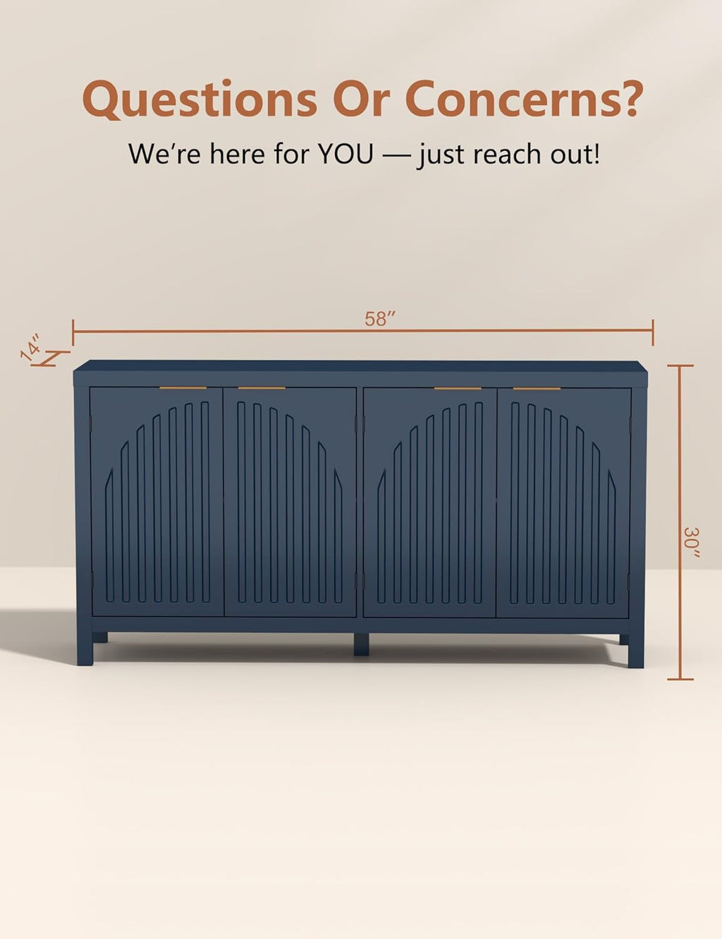 58" Modern Fluted Sideboard Buffet Cabinet with Storage, Modern Credenza with Arched Doors, Coffee Bar Table, Wood Media TV Console Table Credenza for Living Room Hallway Entryway (Blue)
