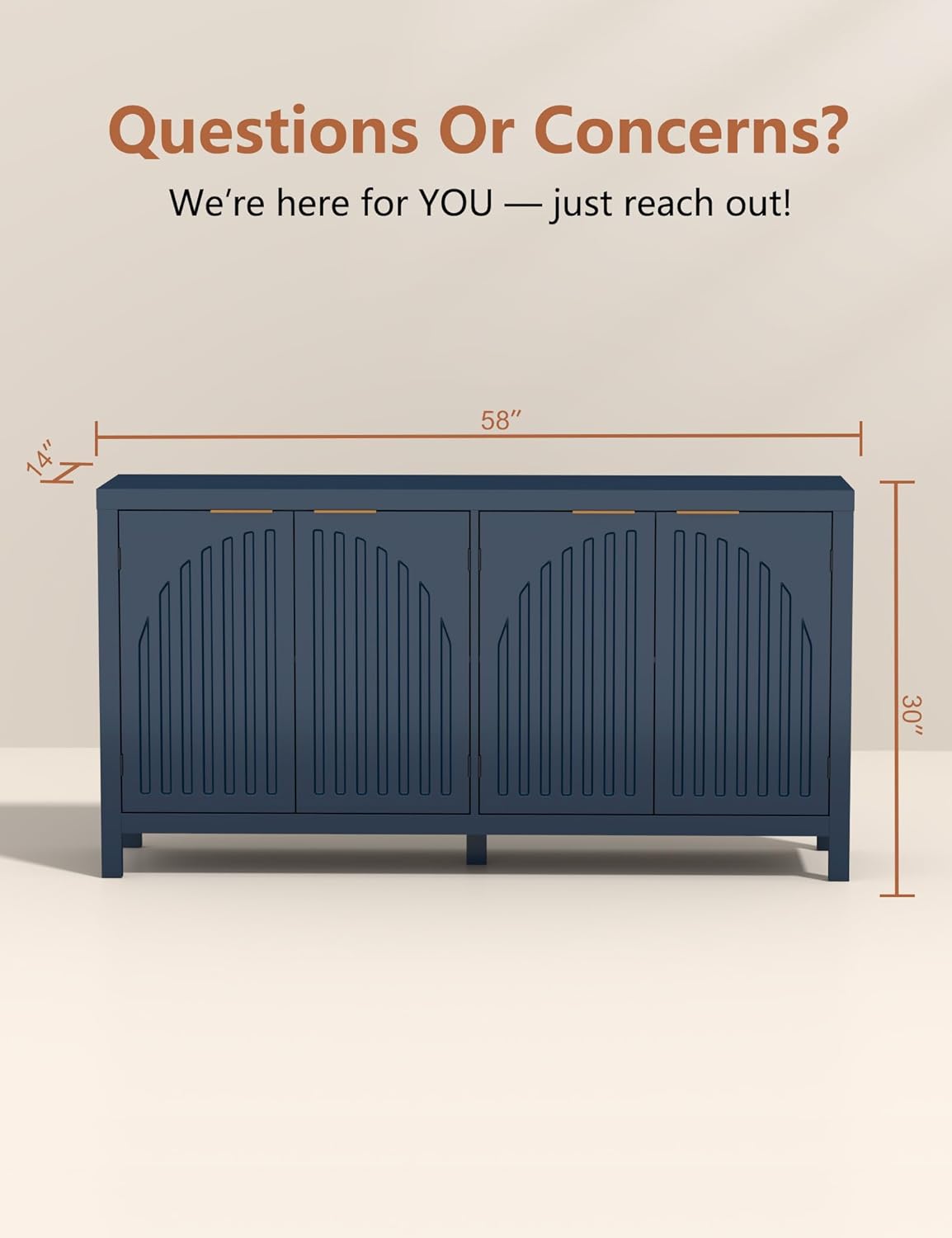 58" Modern Fluted Sideboard Buffet Cabinet with Storage, Modern Credenza with Arched Doors, Coffee Bar Table, Wood Media TV Console Table Credenza for Living Room Hallway Entryway (Blue)