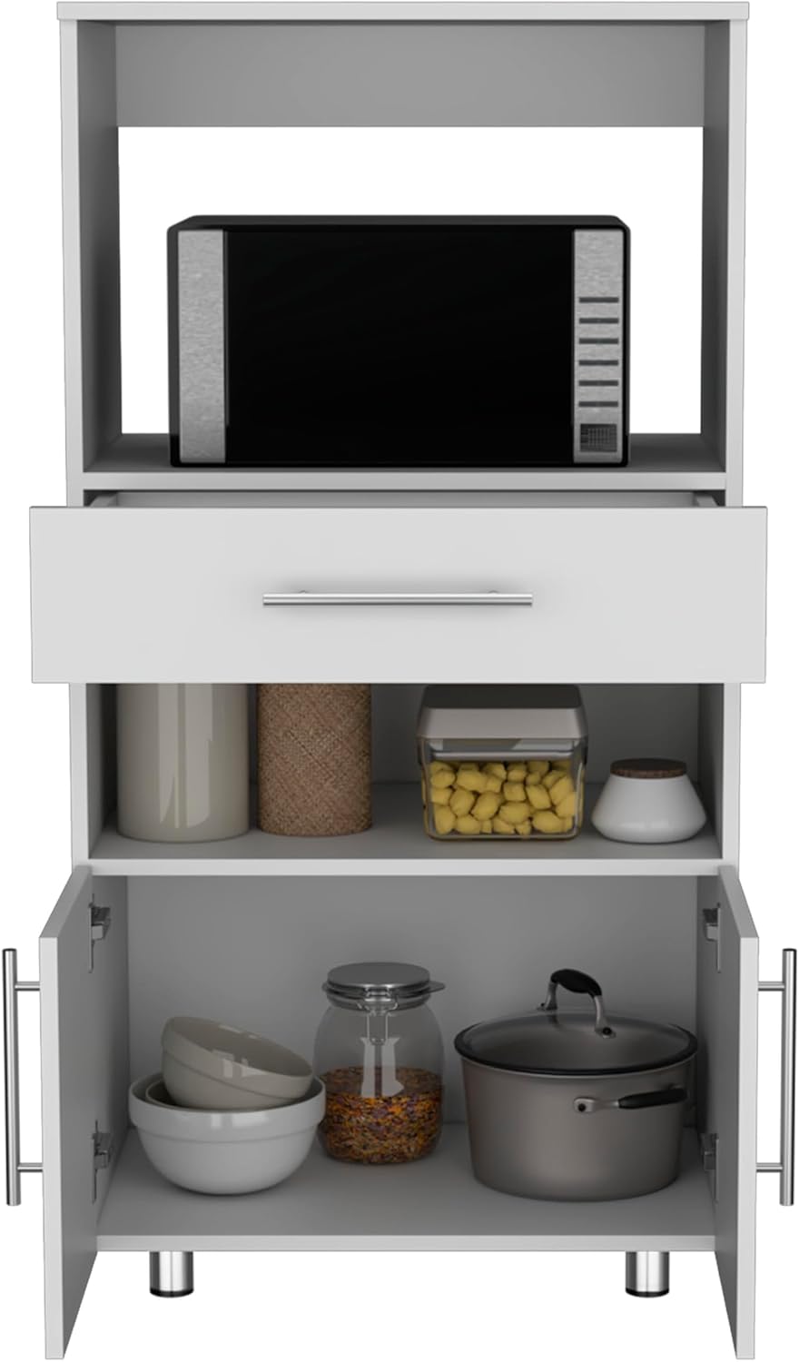 24.4" D*16.54" W*48" H Kitchen Pantry with Drawer & 2 Open Shelves, Lower Double Door, Sliver Legs, Rectangular Storage Cabinet, Modern Minimalist, for Living Room, Dining Room, White