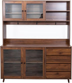 74.8" Tall Farmhouse Pantry Storage Cabinet, Large Kitchen Hutch Cabinet with Microwave Shelf, Farmhouse Kitchen Pantries Cupboard with 4 Doors, 4 Drawers for Living Room, Kitchen Dining Room, Walnut