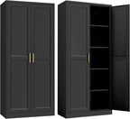 SteeLoong Kitchen Pantry Cabinet,71”Black Metal Pantry Storage Cabinet with Doors and 4 Adjustable Shelves,Kitchen Cabinet with 2 Gold Handles,Tall Cabinet for Livingroom,Pantry, Bathroom