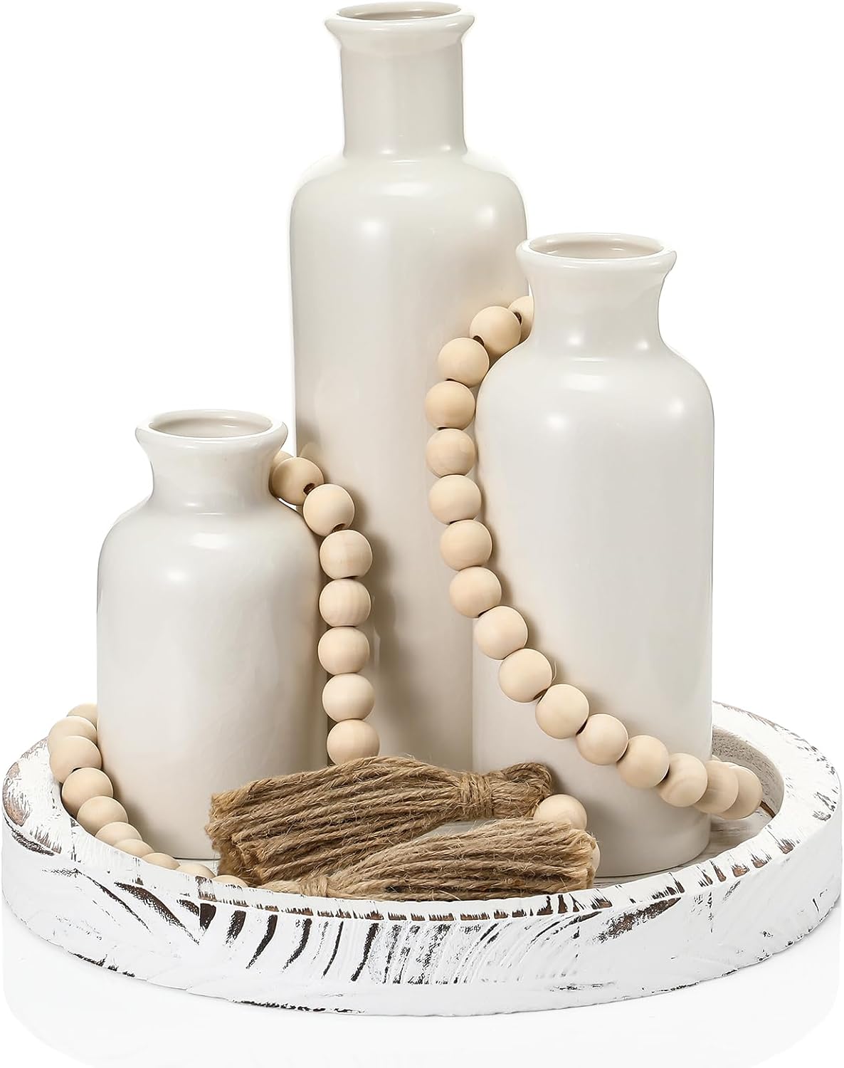 5 Pcs Rustic Country Tabletop Centerpieces Decor Set of 3 Boho Ceramic Vases with Wooden Serving Tray Wood Bead Garland Tassels Table Holder for Home Decorations(White)