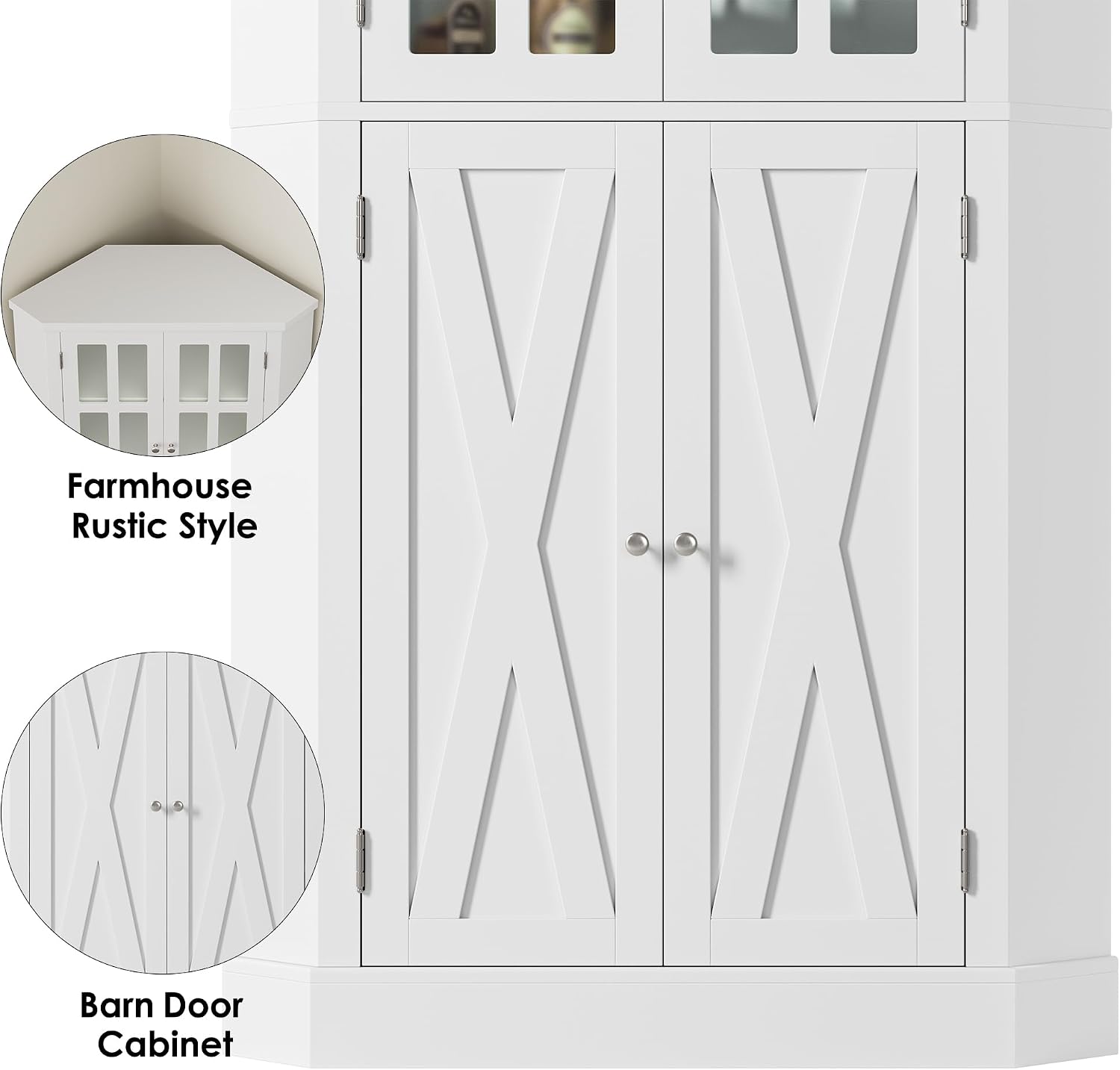 BOTLOG 67" Corner Cabinet, Corner Kitchen Pantry with Doors, Farmhouse Kitchen Cabinet with 6 Storage Shelves, Space Saver for Bathroom, Living Dining Room, White