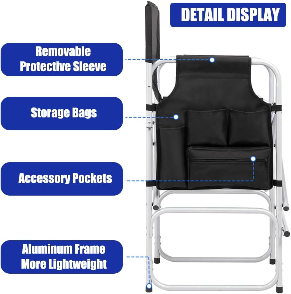 Tall Makeup Chair, Foldable Director Chairs, Portable Makeup Artist Chair w/Side Table Cup Holder Storage Bag and Footrest, 400LBS Load Capacity, Black, 41''