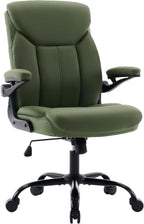 Leather Executive Office Chair - Ergonomic Computer Chair with Flip-up Arms Comfy PU Leather Home Desk Chairs Mid Back Support Adjustable Height Tilt Lock Swivel Rolling Wheels, Green