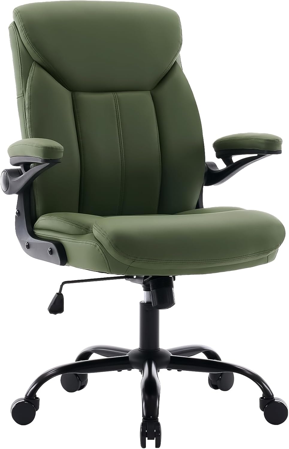 Leather Executive Office Chair - Ergonomic Computer Chair with Flip-up Arms Comfy PU Leather Home Desk Chairs Mid Back Support Adjustable Height Tilt Lock Swivel Rolling Wheels, Green