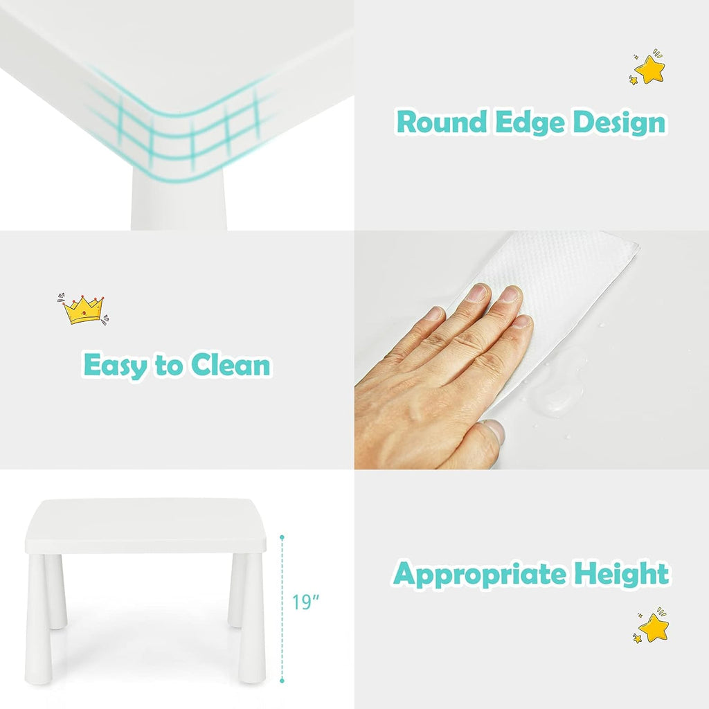 Costzon Kids Table and Chairs, 3 Piece Plastic Easy Clean Children Activity Desk for Reading, Drawing, Snack Time, Arts Crafts, Preschool, Kindergarten & Playroom, Toddler Table and Chair Set (White)
