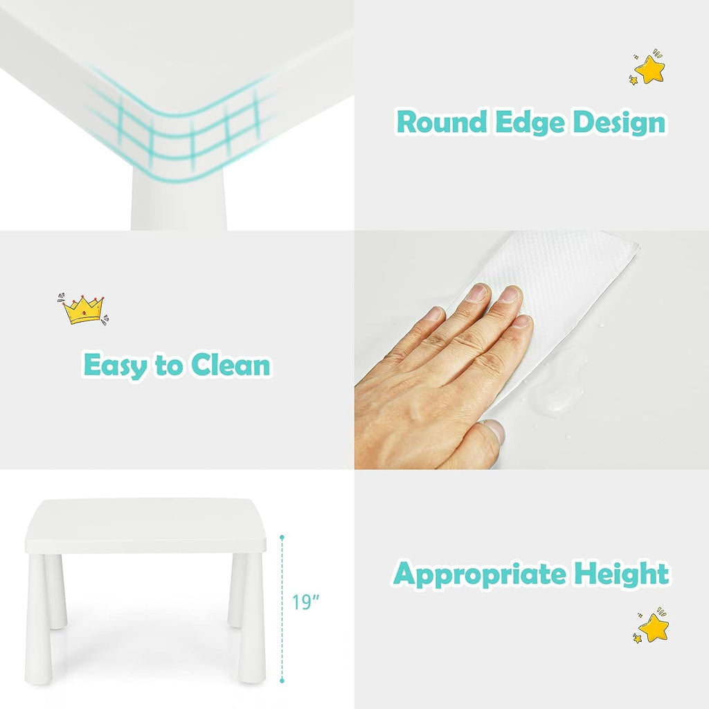 Costzon Kids Table and Chairs, 3 Piece Plastic Easy Clean Children Activity Desk for Reading, Drawing, Snack Time, Arts Crafts, Preschool, Kindergarten & Playroom, Toddler Table and Chair Set (White)