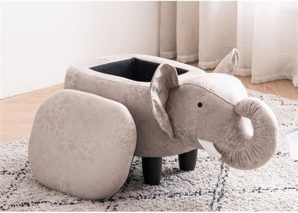 Pemberly Row Elephant Fabric Storage Ottoman/Stool, Gray/Black Finish, 15.75"H x 14.17"W x 28.74"D, Upholstered Kids Room Seating with Storage, Cute Animal Theme, Easy Assembly for Bedroom or Playroom