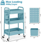 TOOLF Metal Rolling Storage Cart, 3-Tier Utility Mobile Cart with DIY Pegboards, Serving Trolley Cart with Baskets Hooks, for Kitchen, Bathroom, Office, Home, Classroom (Blue)