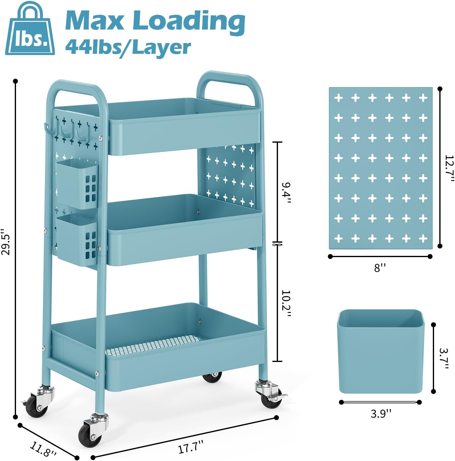 TOOLF Metal Rolling Storage Cart, 3-Tier Utility Mobile Cart with DIY Pegboards, Serving Trolley Cart with Baskets Hooks, for Kitchen, Bathroom, Office, Home, Classroom (Blue)