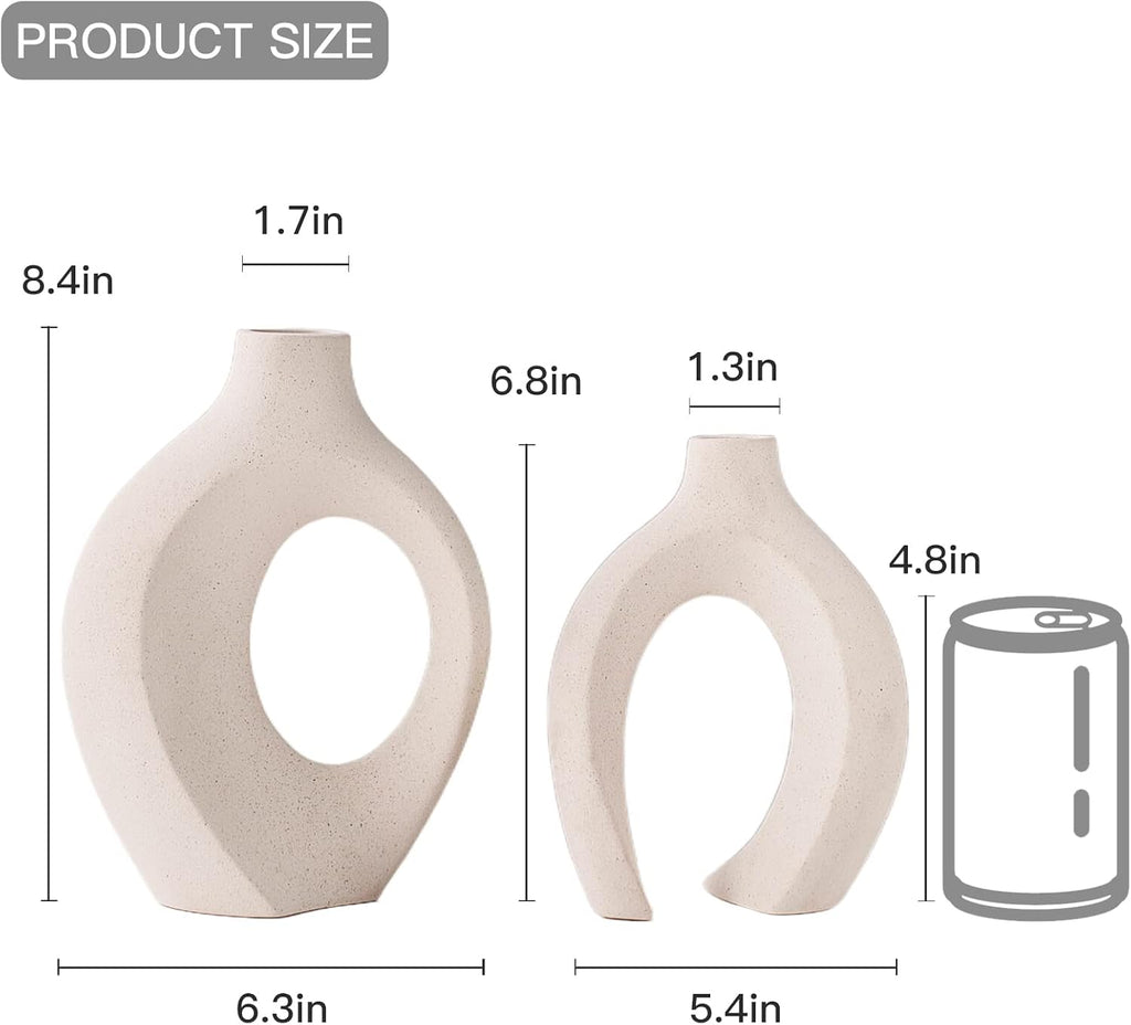 Liotww Ceramic Vases for Home Decor Set of 2, Off White Boho Small Flower Vase, Minimalist Decorative Modern Donut Vase for Living Dining Room Office Entryway Book Shelf Coffee Console Table Décor
