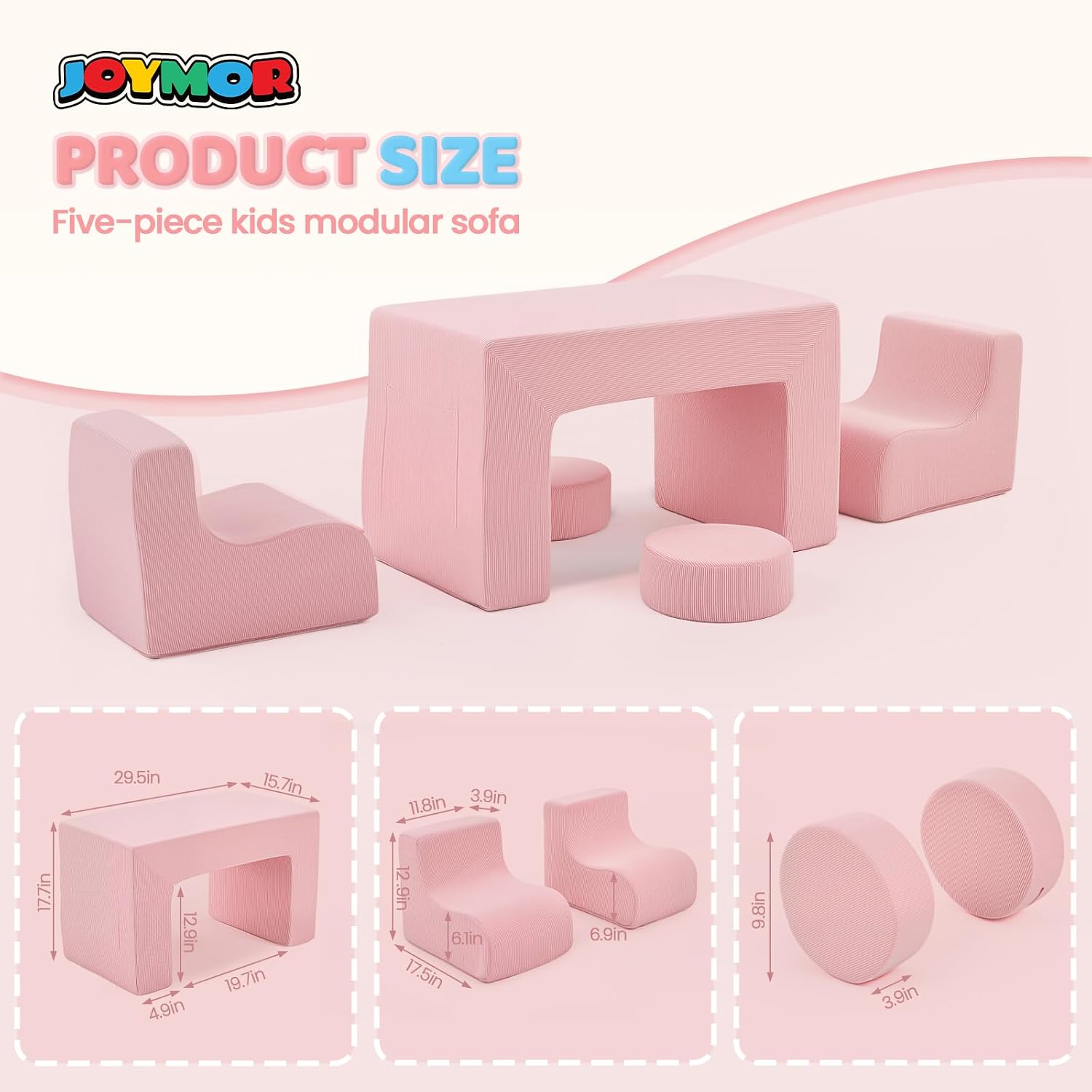JOYMOR Modular Kids Play Couch, 6PCS Convertible Corduroy Foam Sofa Set, DIY Building Fort for Toddlers, Soft Kids Furniture for Playroom, Bedroom, Gift for Boys & Girls, Pink | Soft Sponge