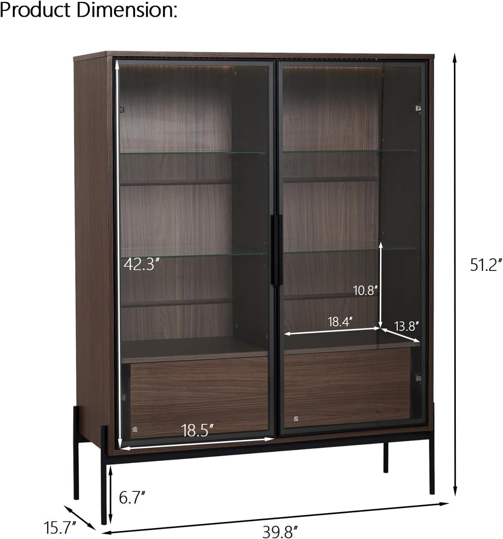 roomfitters 51.2'' Display Cabinet with Glass Doors, Pantry Storage Cabinet with Shelves for Living Room and Kitchen, Walnut