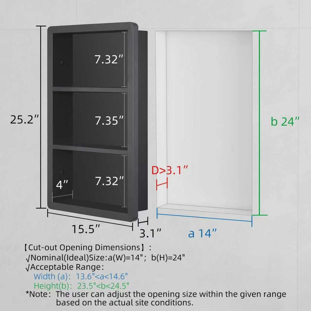 IDYLLOR Recessed Medicine Cabinet No Mirror - 14x24 Bathroom Storage Wall Cabinet with 2 Shelves, 304 Stainless Steel Shower Niche, Matte Black Waterproof for Bathroom, Toilet, Vanity