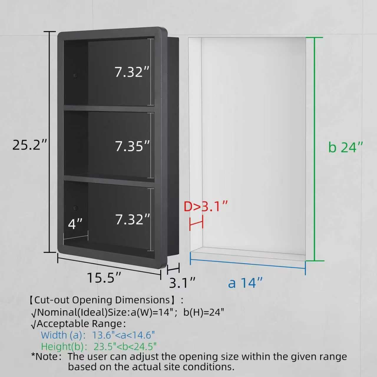 IDYLLOR Recessed Medicine Cabinet No Mirror - 14x24 Bathroom Storage Wall Cabinet with 2 Shelves, 304 Stainless Steel Shower Niche, Matte Black Waterproof for Bathroom, Toilet, Vanity