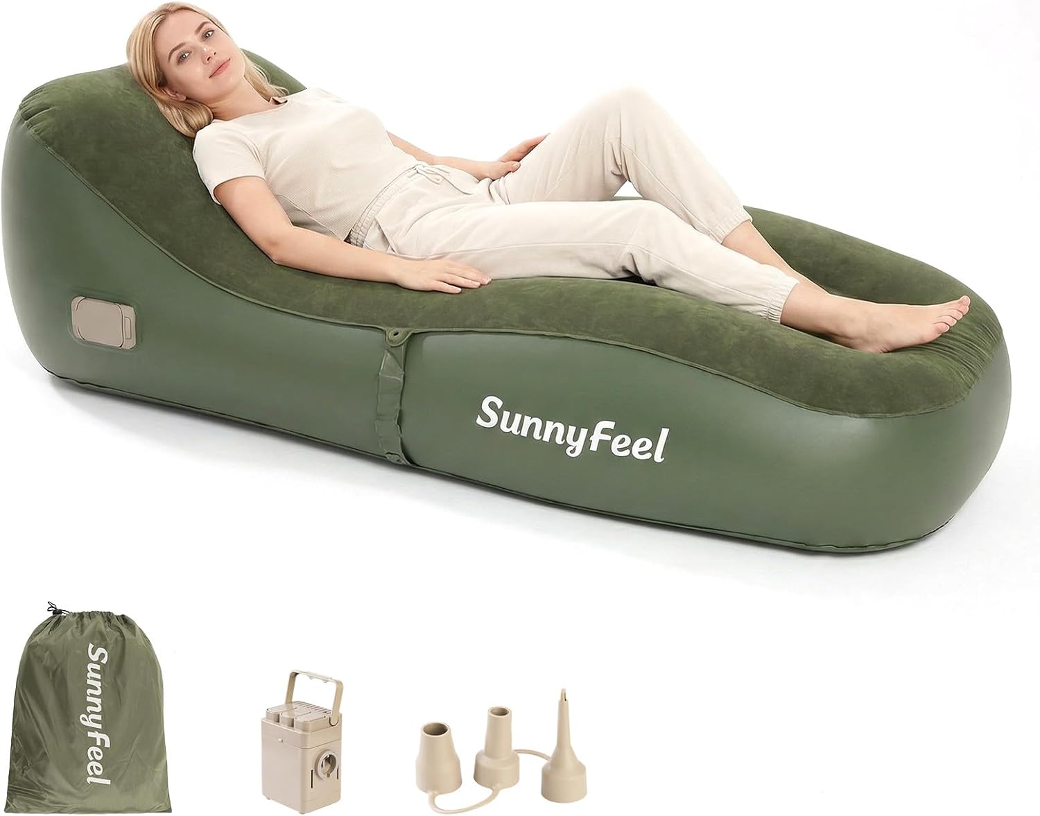 SUNNYFEEL Inflatable Lounger Couch with Built-in Pump, Heavy Duty PVC Flocked Inflatable Sofa Chair for Adults, Portable Air Lounger for Camping, Beach, Home & Outdoor, Army Green
