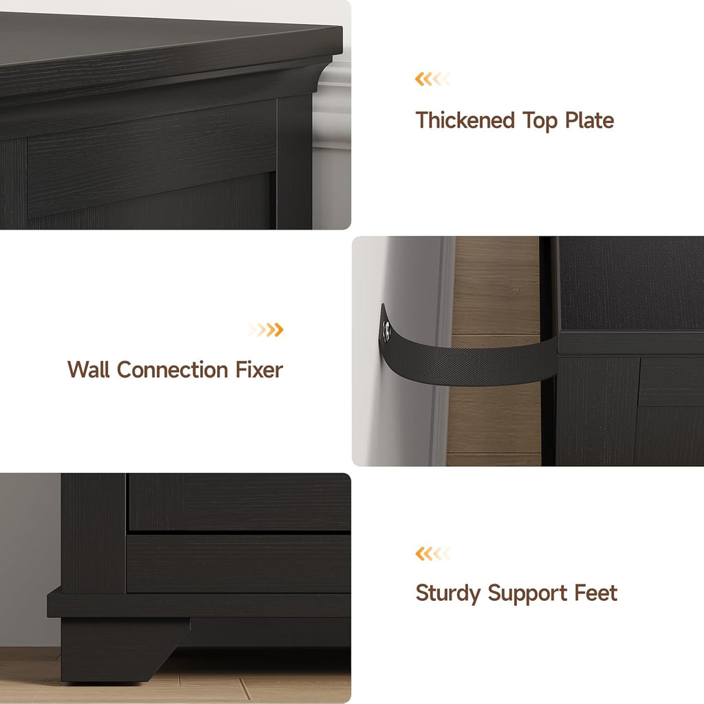 ONBRILL 63 Inch Buffet Cabinet with Storage, Large Sideboard Cabinet with 4 Carved Doors, Modern Credenza Storage Cabinets w/Adjustable Shelves for Kitchen, Living Room, Black
