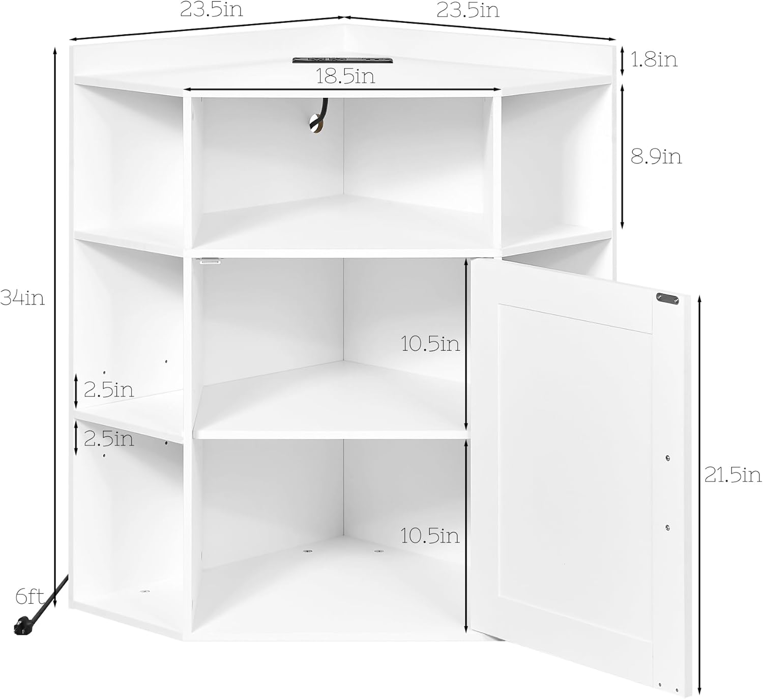 VECELO Corner Storage Cabinet with Charging Station, 34" Shelf with Door & Adjustable Shelves, Organizer for Living Room, Office & Gaming Setup, Fits Monitors up to 43" TV, White