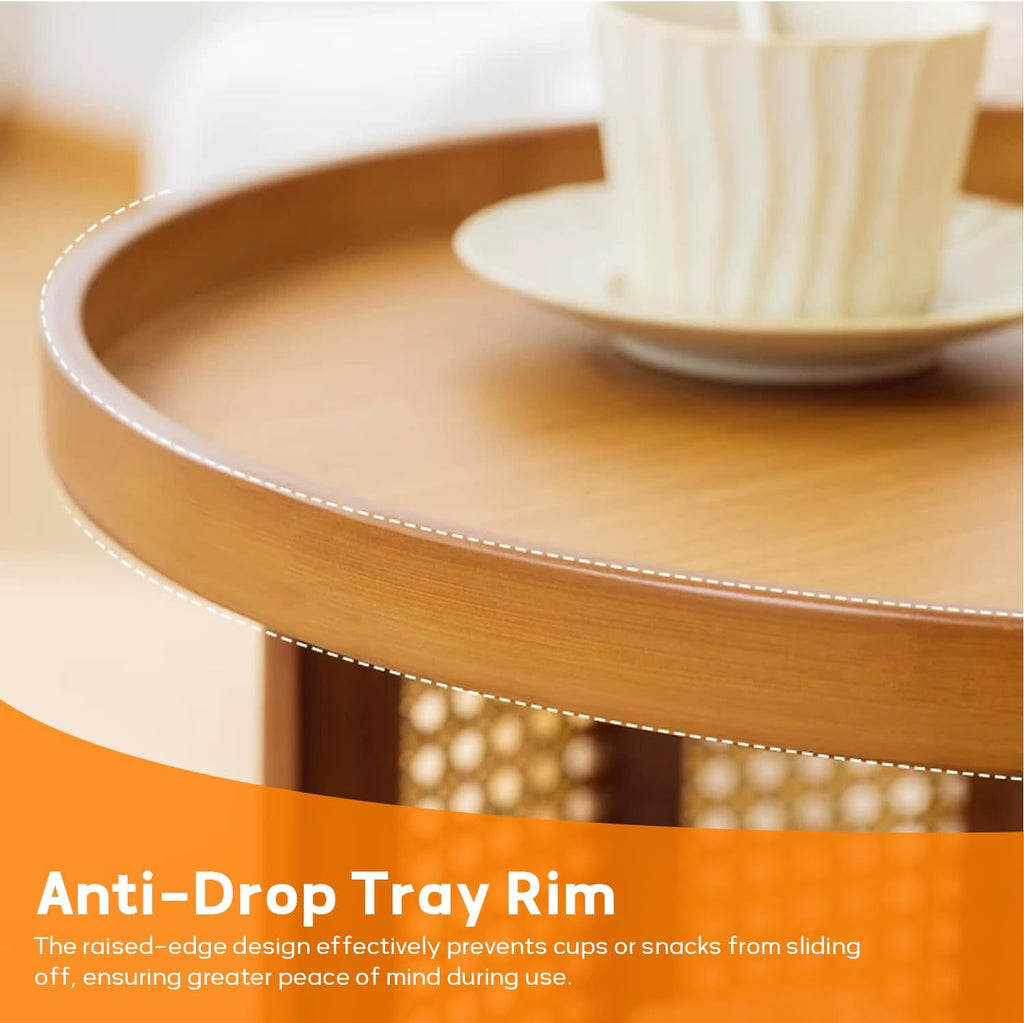 Rattan Coffee Table Round End Table with 2 Layer Storage Bamboo Living Room Side Table for Sofa Bedroom Balcony Small Space