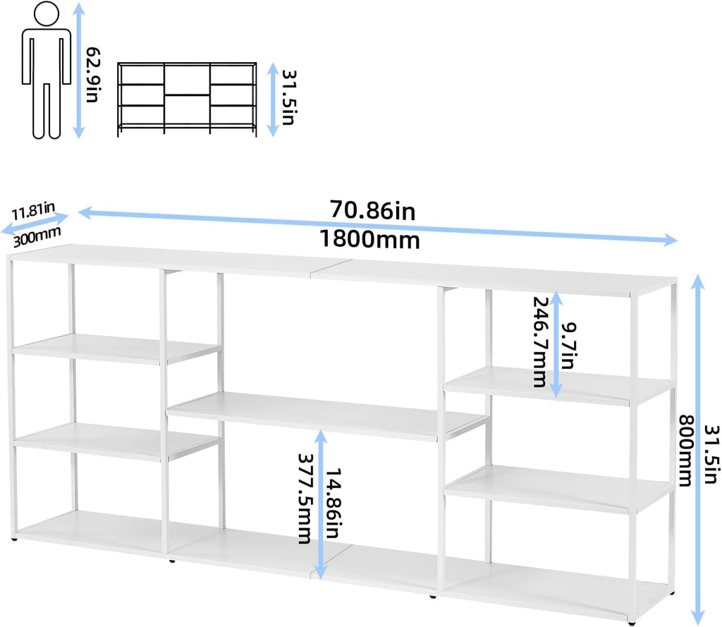 71 Inch Metal Console Table with 8 Storage Shelves,Extra Long Entryway Table,Narrow Sofa Table,Hallway Table for Entrances to Corridor, Foyer,Living Room (White, 70.87×11.81×31.5in)