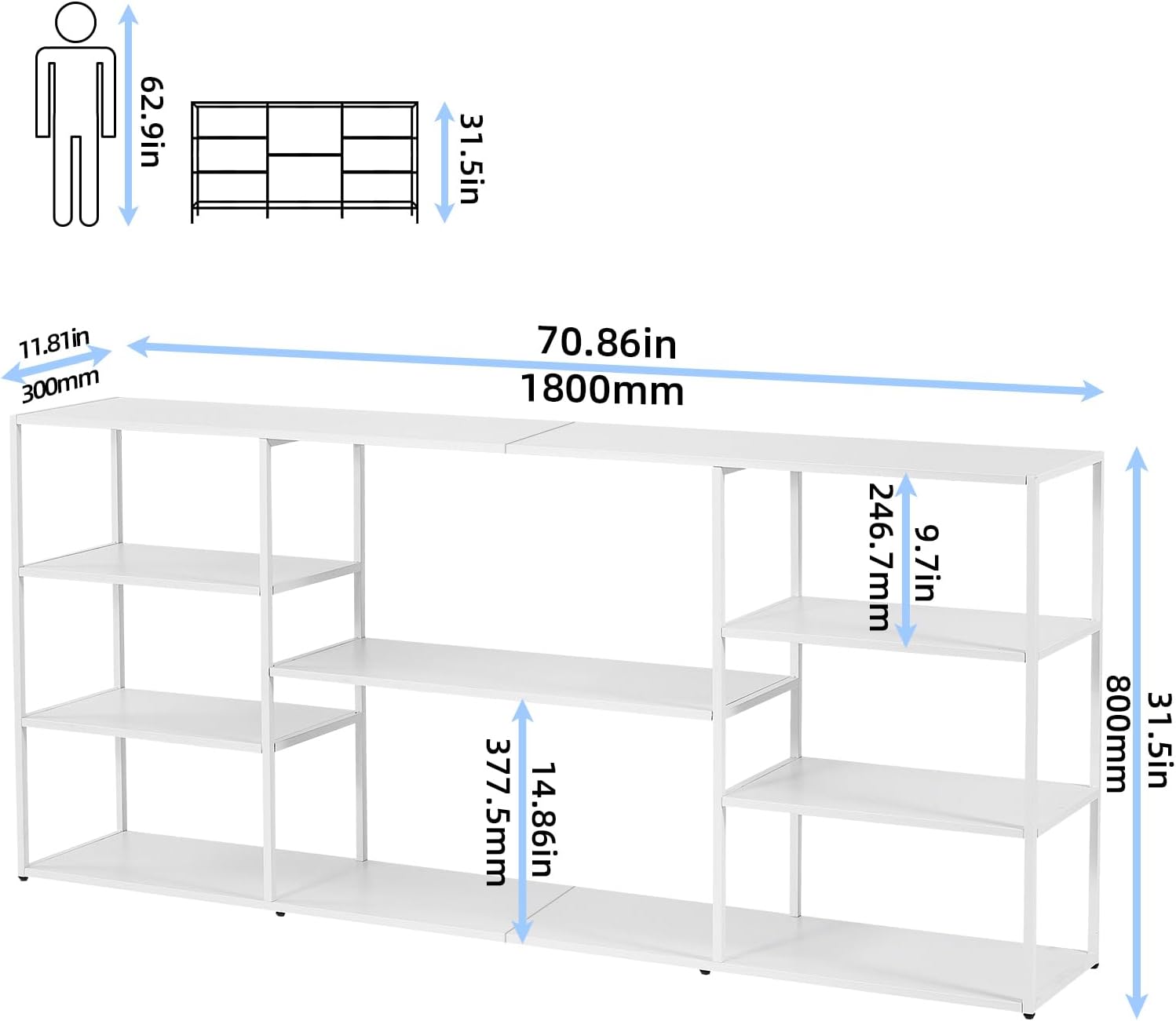 71 Inch Metal Console Table with 8 Storage Shelves,Extra Long Entryway Table,Narrow Sofa Table,Hallway Table for Entrances to Corridor, Foyer,Living Room (White, 70.87×11.81×31.5in)