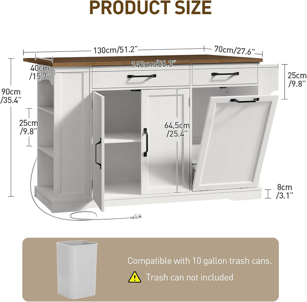 RALGEND Kitchen Island with Power Outlet & Drop Leaf, Rolling Storage Cart with Trash Storage Cabinet, Farmhouse Mobile Island Table for Kitchen, Dining Room, Hidden Casters, White and Walnut