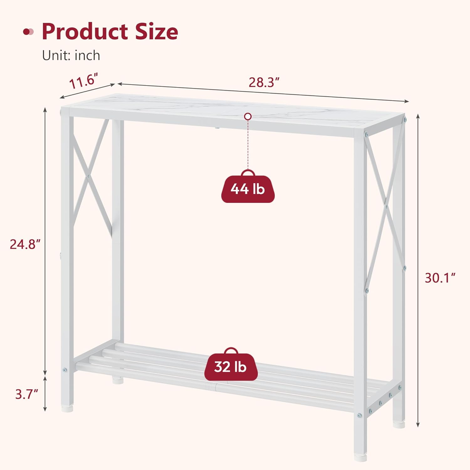Tajsoon 28.3" Entryway Table, 2-Tier Small Consle Table for Entryway, Narrow Sofa Table with Shelves, Entrace Table for Hallway, Living Room, Corridor, Office, White