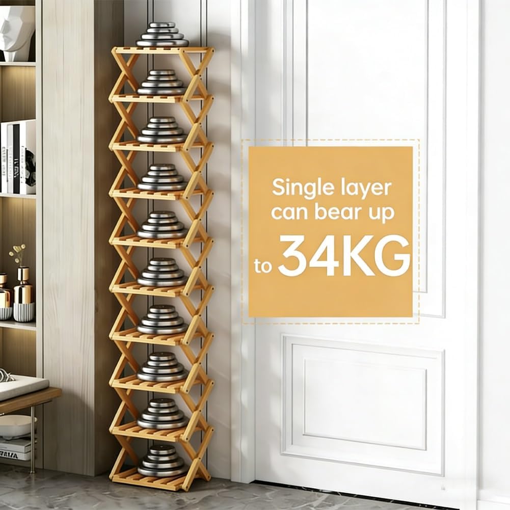 9-Tier No-Assembly Bamboo Shoe Rack, Space Stackable Multi-Storage Organizer, Strong Load-Bearing Capacity, Space-Saving, for Entryway Hallway Closet Bedroom Living Balcony, Natural eco-Friendly‌