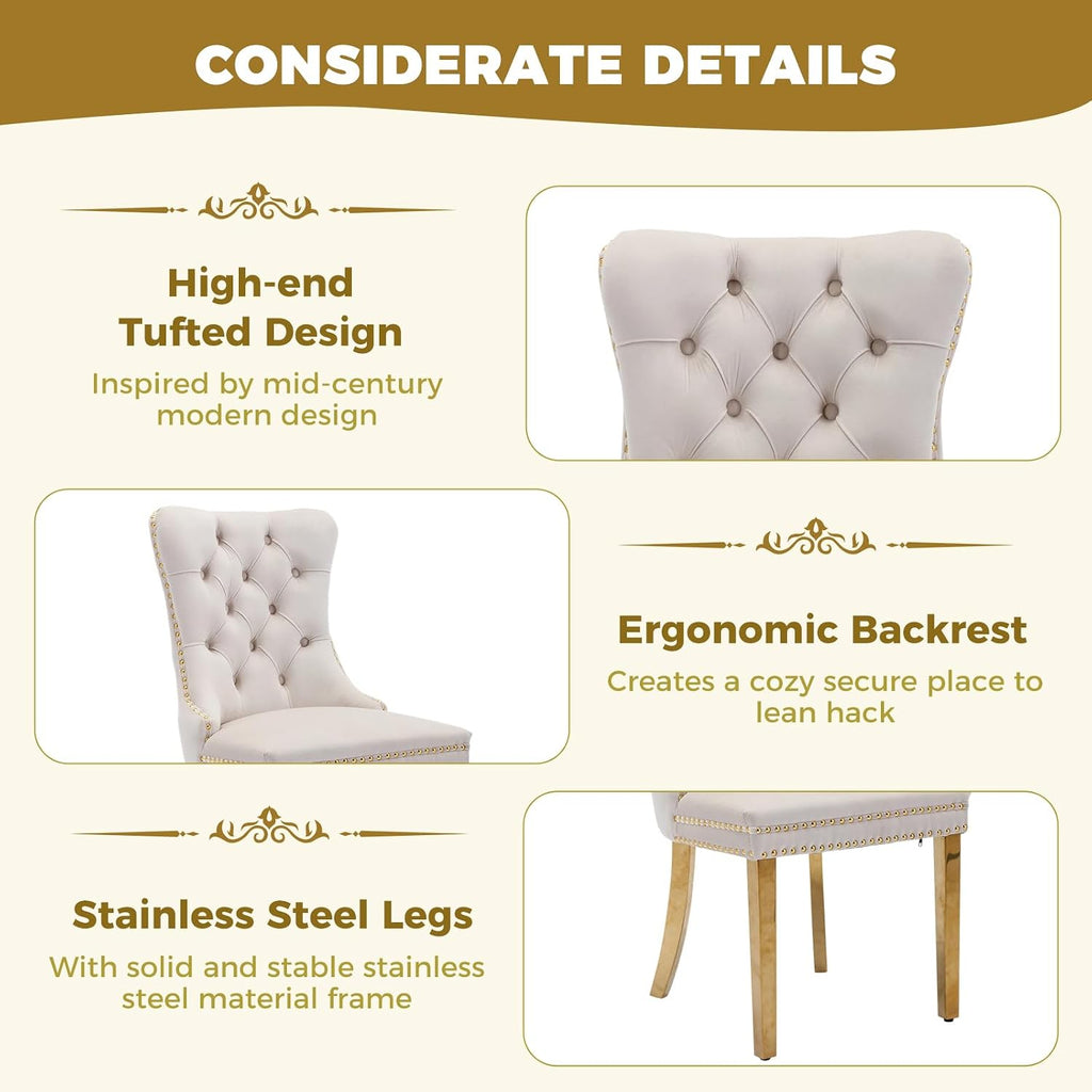47.2 Inch Round Glass Dining Table Set for 4, Modern Round Dining Room Set with Gold Steel Base & 4 Upholstered Velvet Chairs, Space-Saving Circle Kitchen Table Set for Small Space, Beige