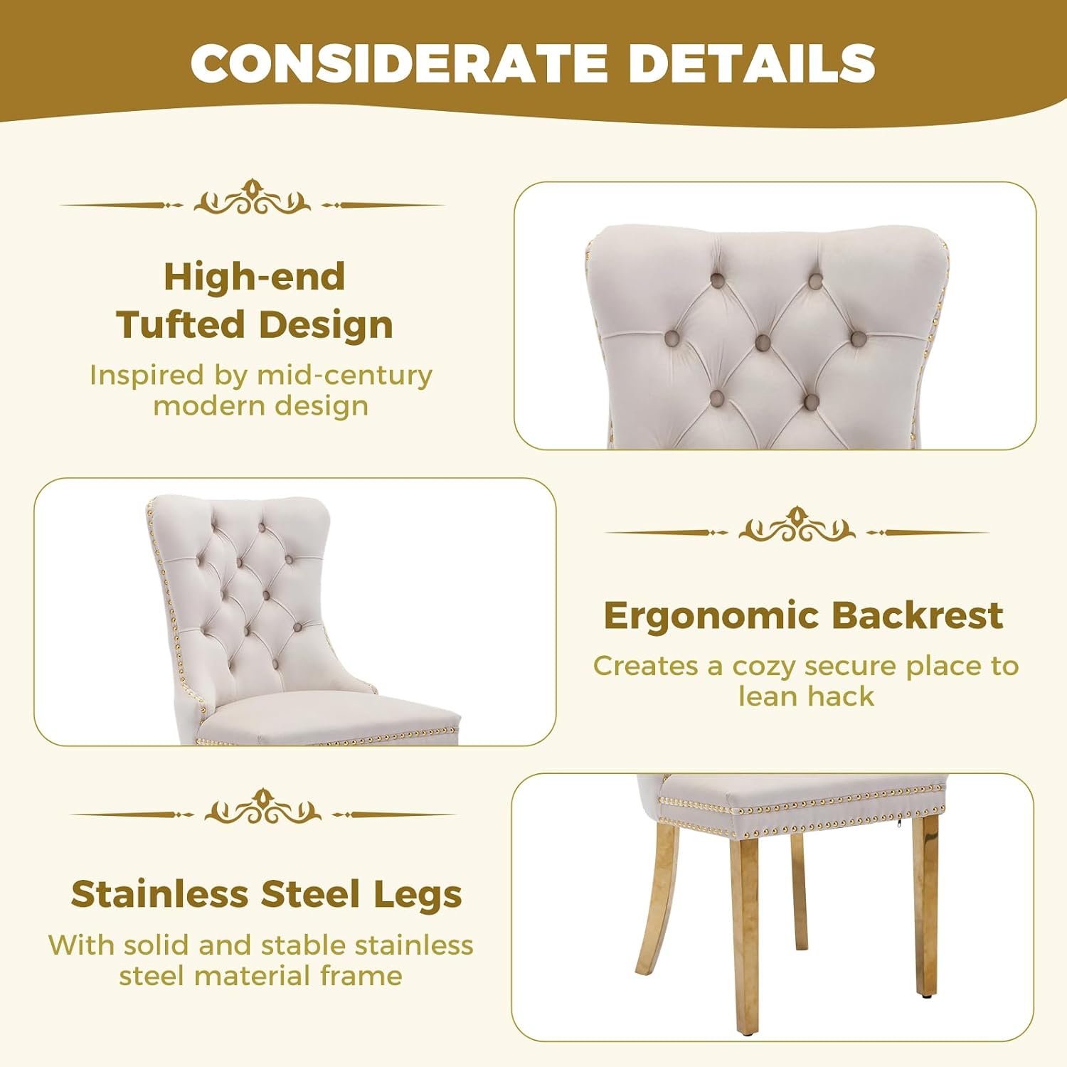 47.2 Inch Round Glass Dining Table Set for 4, Modern Round Dining Room Set with Gold Steel Base & 4 Upholstered Velvet Chairs, Space-Saving Circle Kitchen Table Set for Small Space, Beige