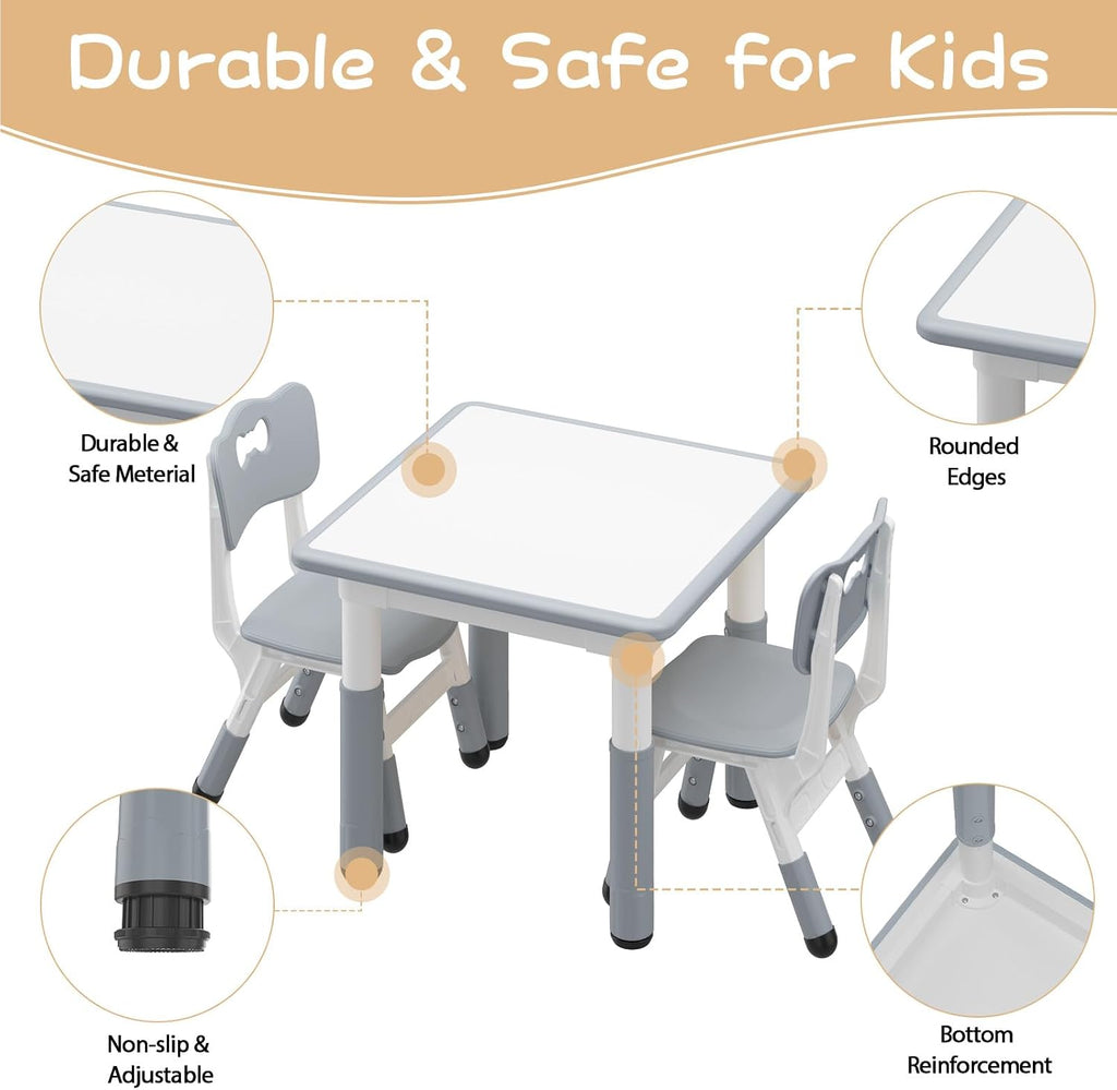 GAOMON Kids Table and 2 Chairs Set with Graffiti Desktop, Height Adjustable Toddler Table and Chairs Set for Reading, Drawing, Playing, Eating