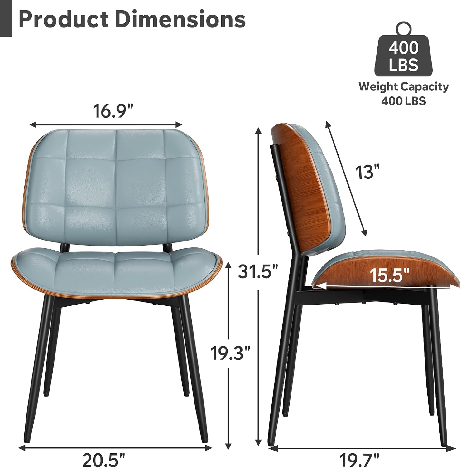 Dining Chairs Set of 4, Mid Century Modern Dining Room Chair with Thick Cushion, Upholstered Faux Leather Kitchen Chairs with Walnut Bentwood Back for Kitchen Dining Room, Blue