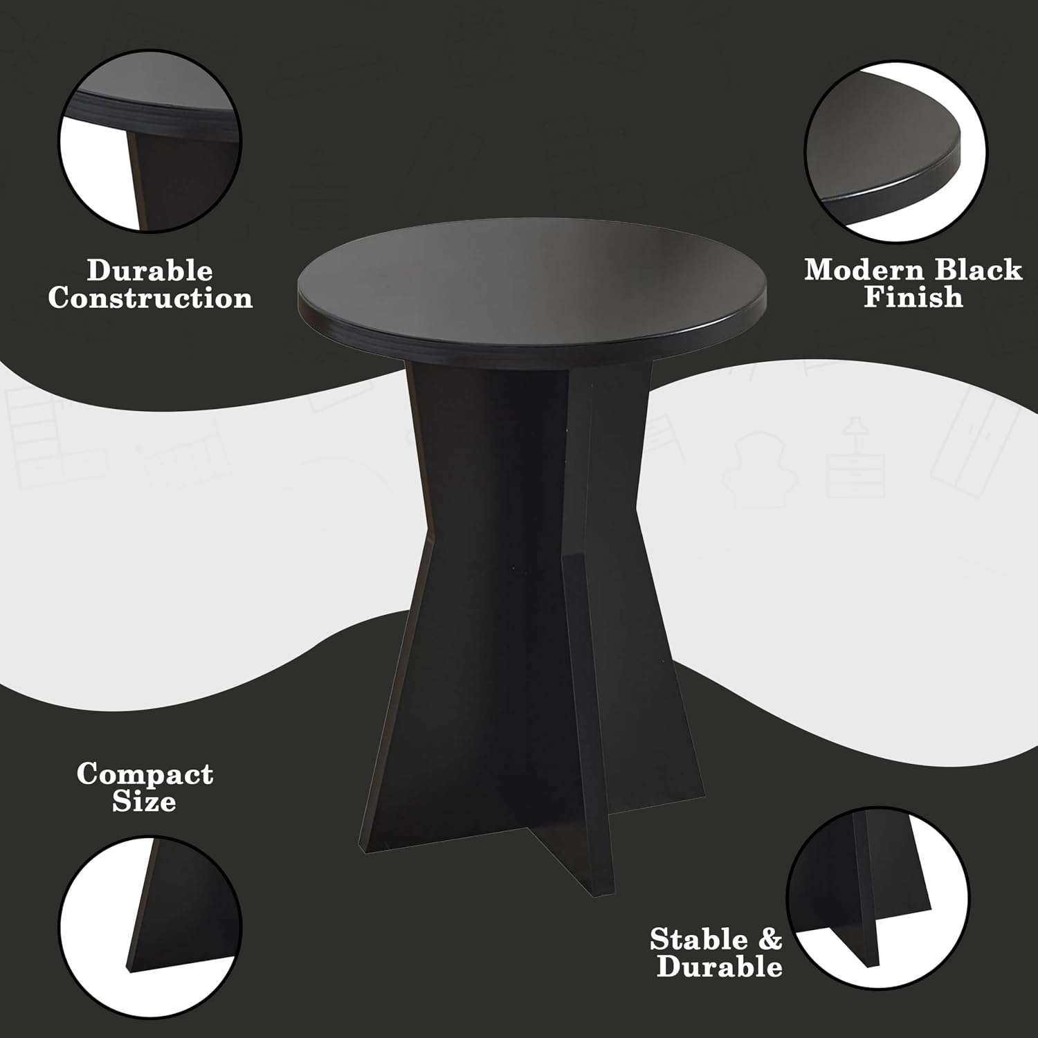 Kings Brand Furniture Round Side Table, Modern Pedestal Base Accent Table for Living Room, Bedroom, Bedside, or Office (Black)