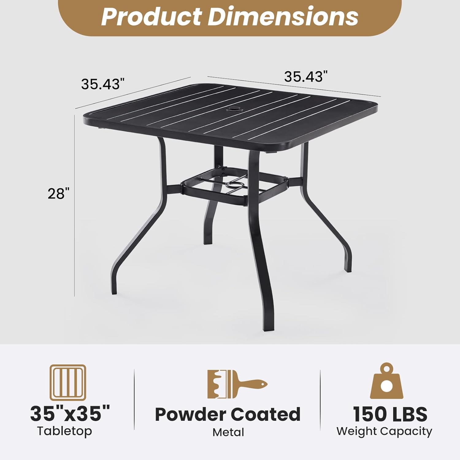 Soohow Patio Dining Table 35"x35", Square Outdoor Dining Table with 1.57" Umbrella Hole, Metal Outdoor Furniture for Patio, Graden, Backyard and Poolside, Weather-Resistant