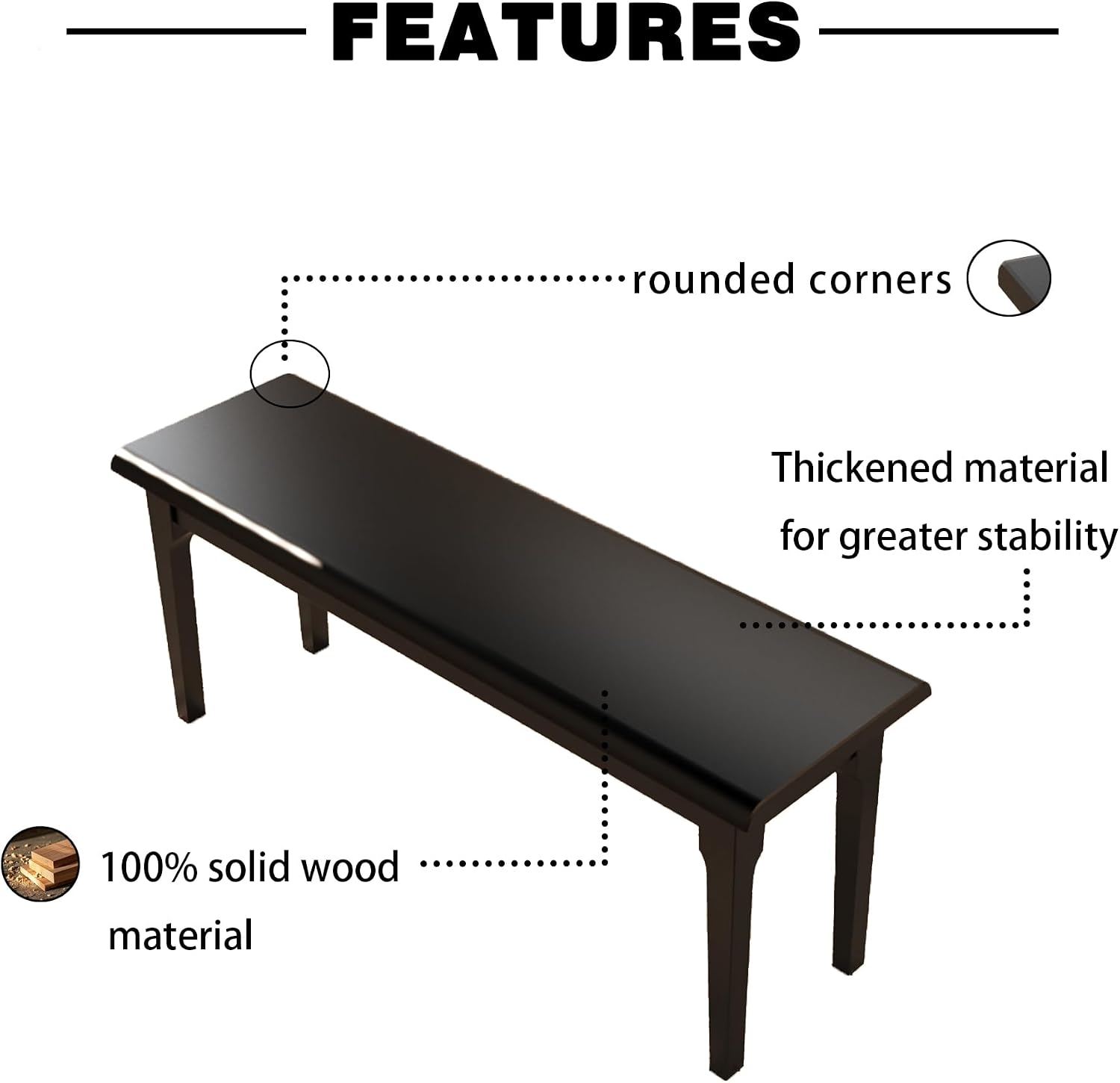 Wilk Wooden Entryway Bench, 47’’ Indoor End of Bed Bench, 100% Solid Oak Wood (Black)