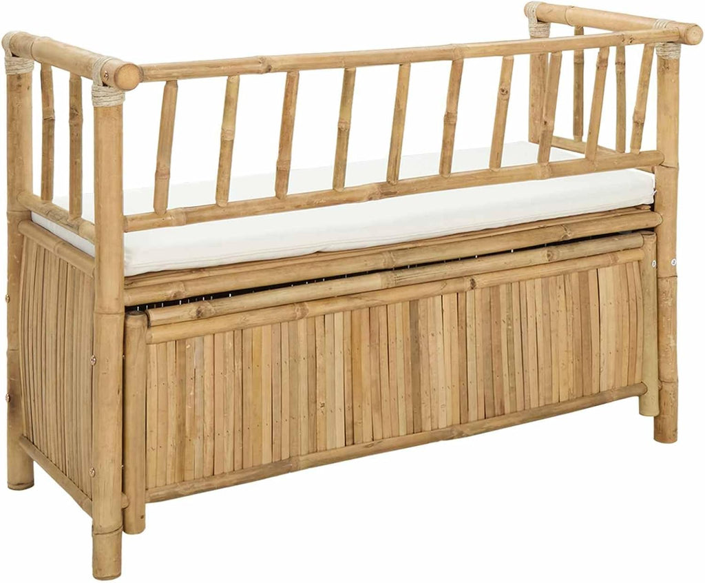 Garden Storage Bench, 43" Outdoor Storage Box Bench with Seat, Natural Bamboo Deck Box for Patio, Backyard and Sunroom, Decorative Wood Bench with Hidden Compartment