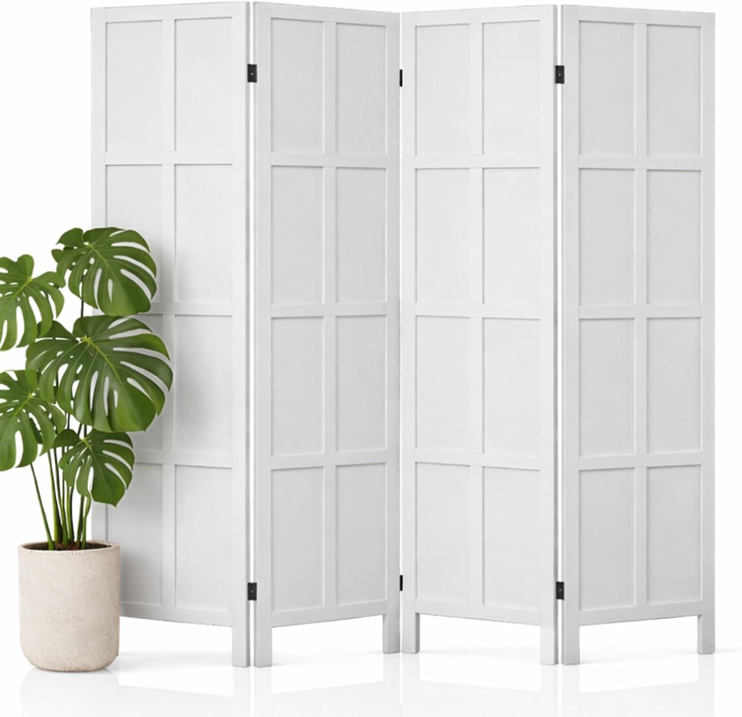 4 Panel Room Divider Folding Privacy Screen, 66.92″ Tall Solid Paulownia Wood Room Partition with 360° Hinges, Freestanding Wall Divider for Room Separation, Home, Bedroom, Office (White)