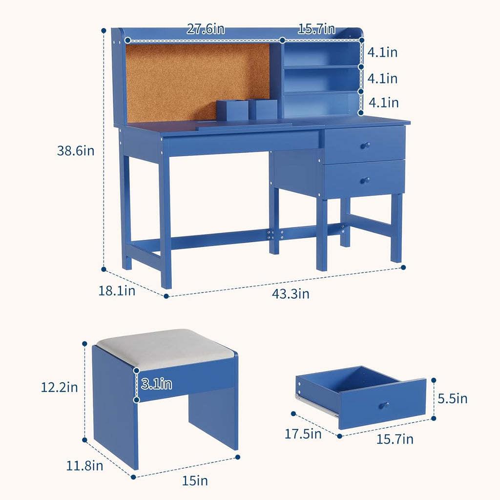 Garvee Kids Desk and Chair Set, Wooden Study Table with Adjustable Tilt Desktop, Drawers & Cork Board - Children School Learning Desk Set for Boys & Girls Ages 3-8, Blue