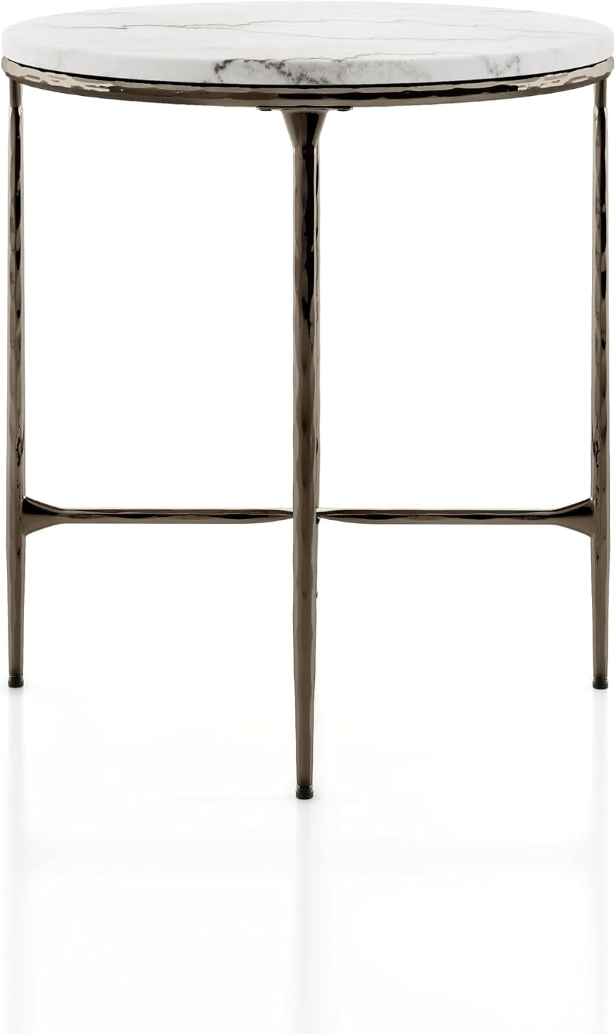 24/7 Shop at Home Aureum Modern 22-inch Round Marble Top End Table with X-Brace, Hammered Dark Bronze Metal Frame for Living Room, Office, White