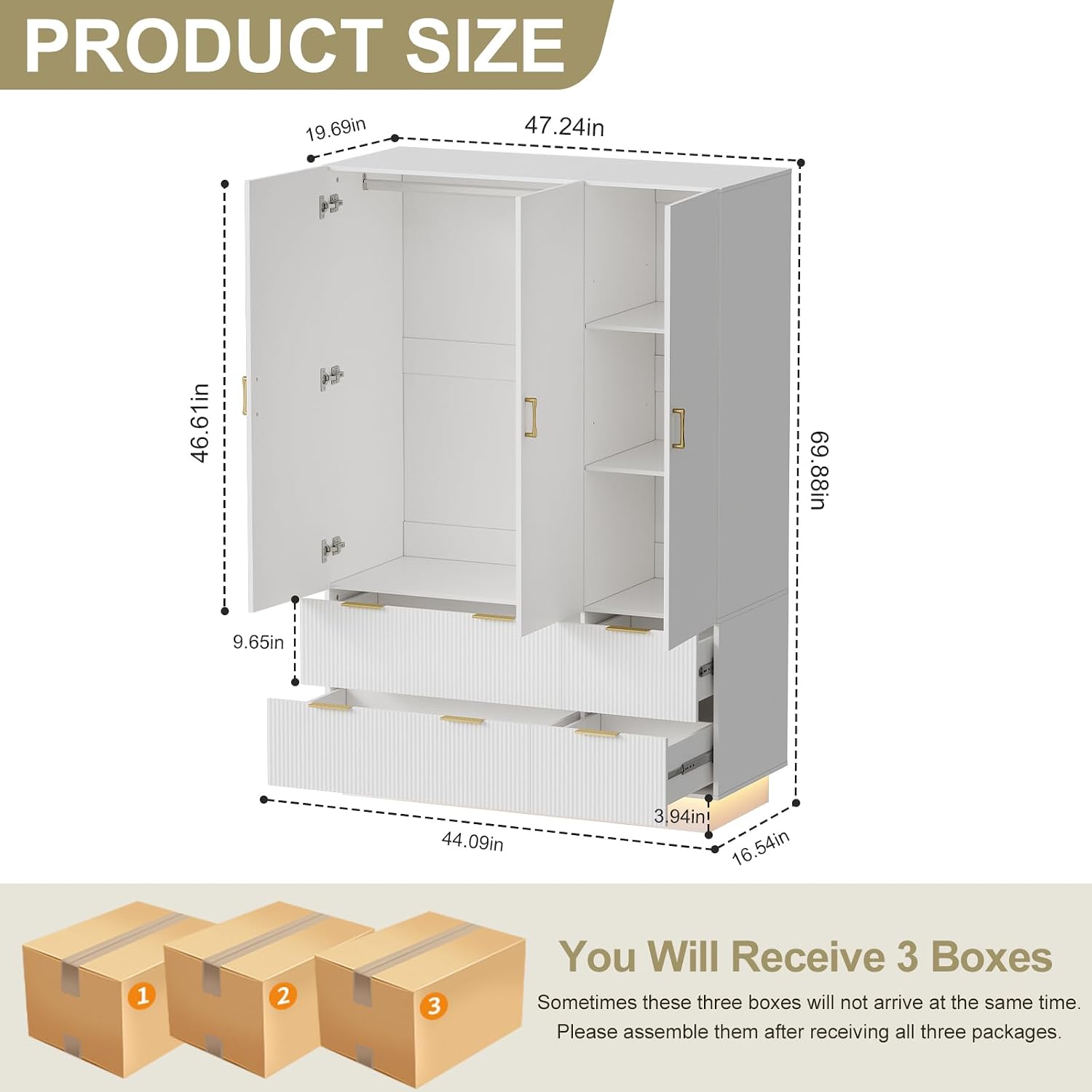 PAKASEPT Armoire Wardrobe Closet with 3 Door, Mirror, LED Lights | Hanging Rod, Drawers, Bedroom Armoires - Large Capacity Storage Wardrobe Armoire for Bedroom