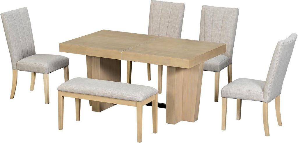 LUMISOL Farmhouse Dining Table Set for 6, Extendable Kitchen Table Set with Bench and 4 Upholstered Chairs, 3.8inch Thick Tabletop and Trestle Legs for Kitchen, Dining Room, Natural+Beige