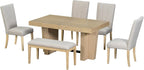 LUMISOL Farmhouse Dining Table Set for 6, Extendable Kitchen Table Set with Bench and 4 Upholstered Chairs, 3.8inch Thick Tabletop and Trestle Legs for Kitchen, Dining Room, Natural+Beige