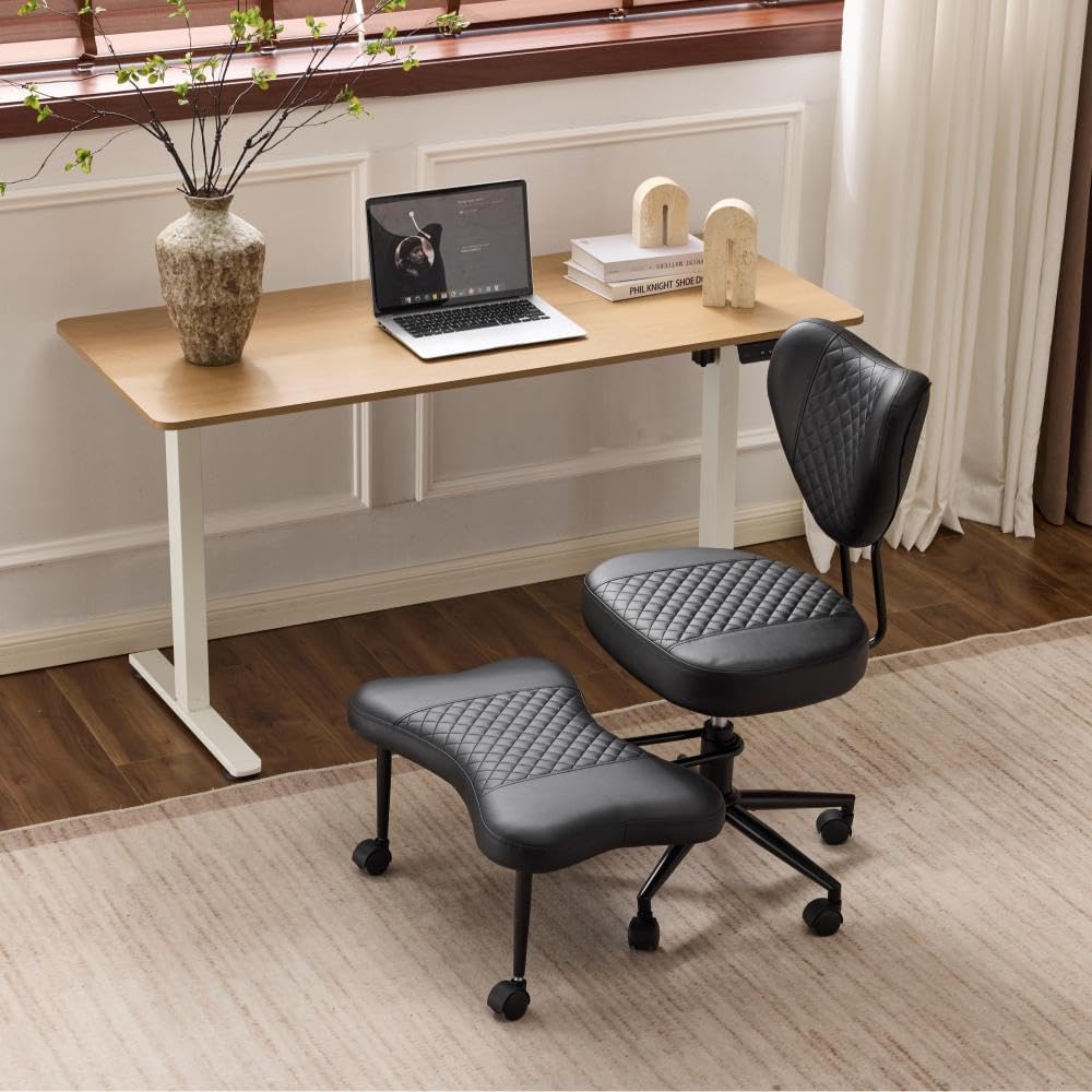 Upgraded Ergonomic Cross Legged Swivel Chair, Adjustable Height and PU Leather, Meditation& ADHA Chair with Back Support, Home and Office,Yoga Chair, Black