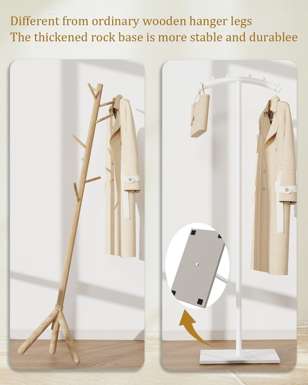 Freestanding Metal Clothes Rack with Natural Rock Base,68.9in,White | T-shaped Coat Hangers with Anti Slip Knots,Easy to Clean Garment Racks for Home,Durable Clothing Trees for Office