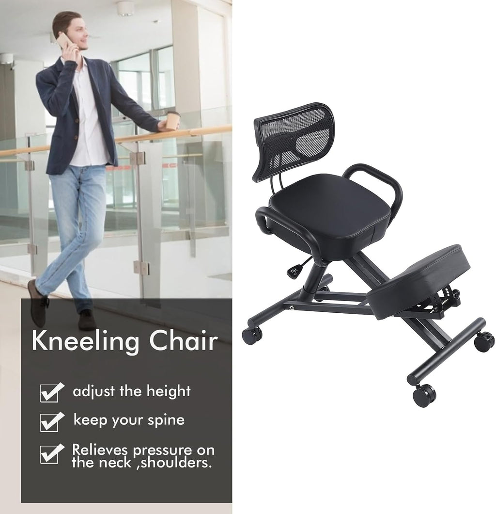 Height Adjustable Ergonomic Kneeling Chair, Breathable Mesh Back Leather Cushion Spine Alignment Multi Angle Adjustment for Home Office Study Working Relaxation Shoulder