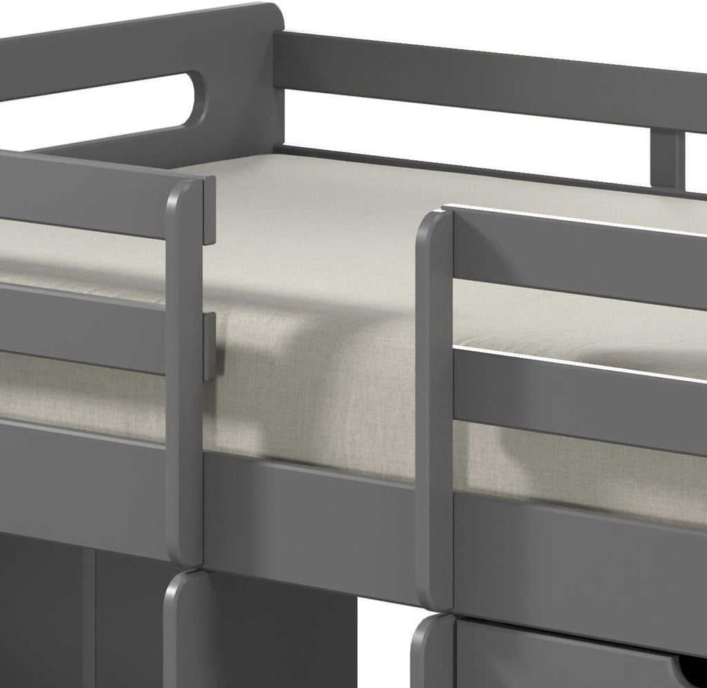 Grey Twin Loft Bed with Built in Drawers and Bookshelf