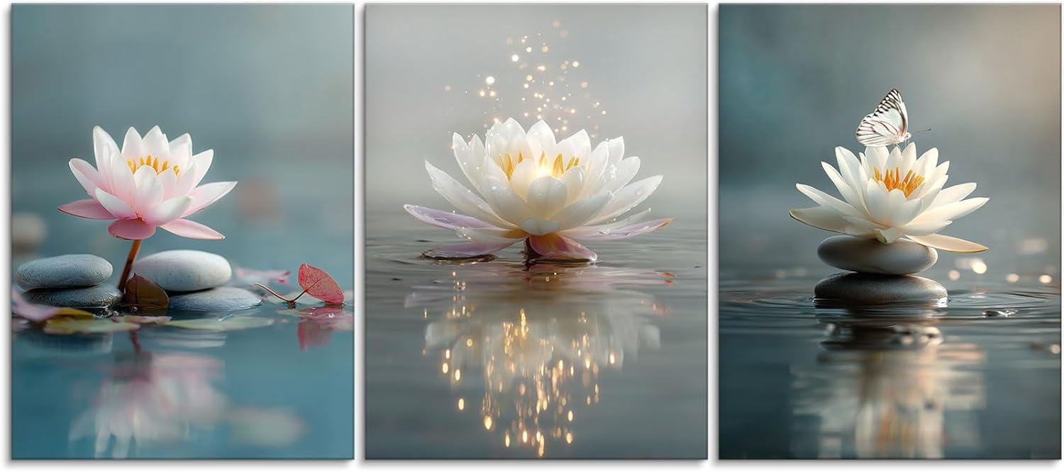 Calm Zen Lotus Stacked Stones Spa Wall Art, Modern Spiritual Lotus Blooming on Stones Artworks for Zen Office Serene Home Deco Meditation Rooms Yoga Studios and Zen Enthusiasts - Framed, 12"x16"x3