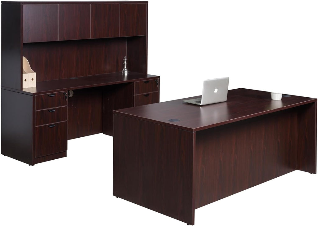 Boss Office Products Holland 71" Executive Desk and Credenza with Dual File Storage Pedestal and Hutch, Mahogany